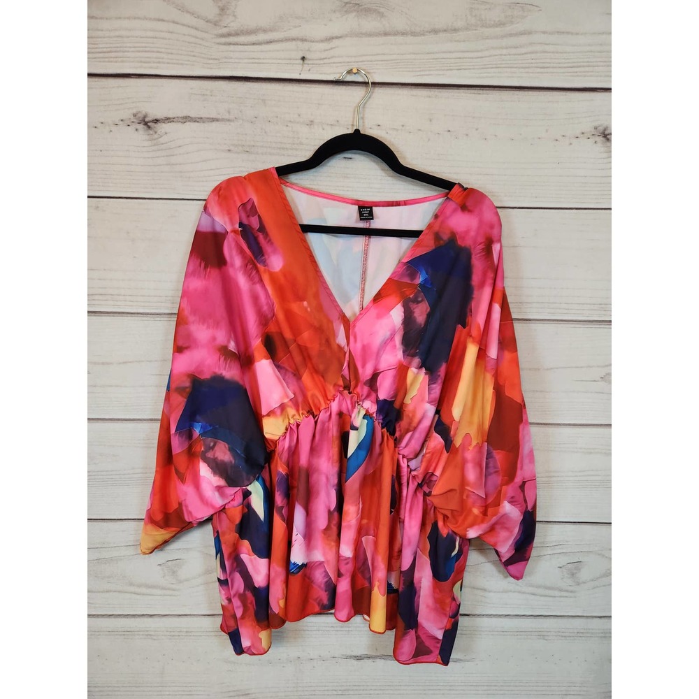 SHEIN Multicolor Watercolor V-Neck Blouse - Pink Orange Blue w/Batwing sleeves